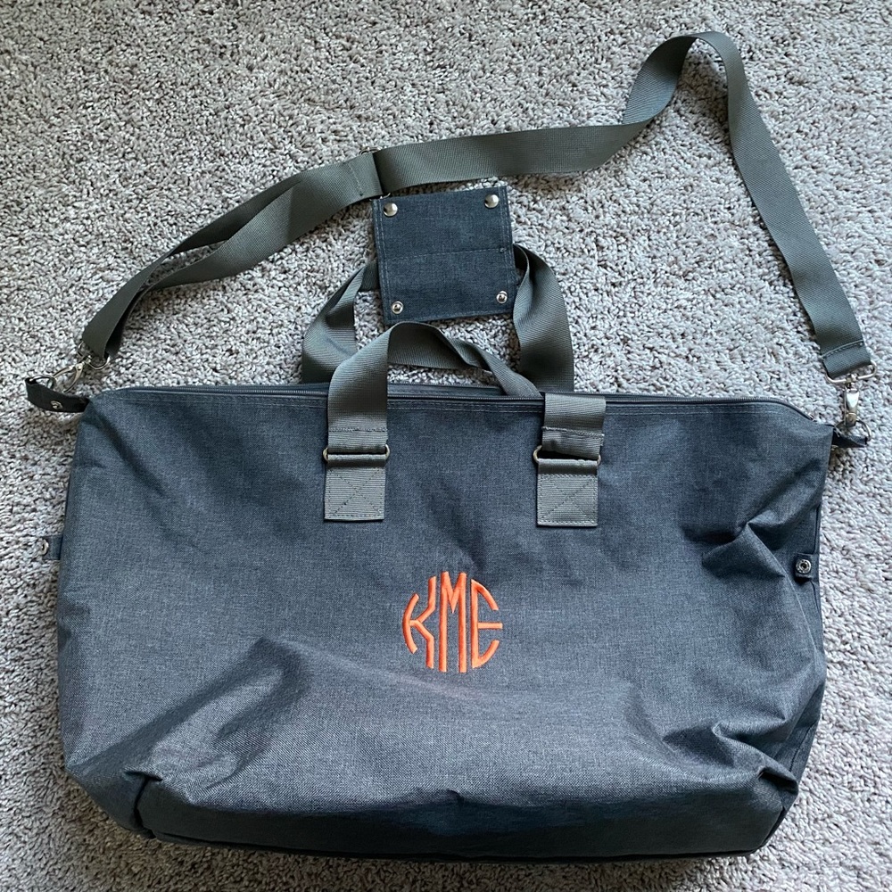 Gray Initials Inc weekender bag with KEM initials